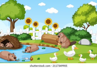 Nature scene with beavers and ducks illustration