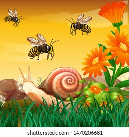 Nature scene with bees and snail illustration