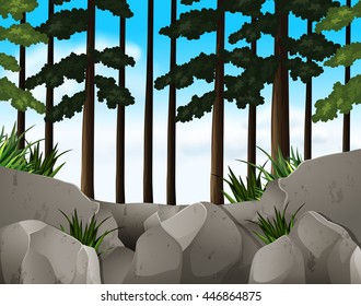Nature scene with blue sky in the forest illustration