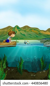 Nature scene with boy and fish illustration