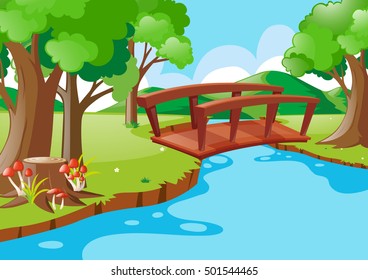 Nature scene with bridge crossing river illustration