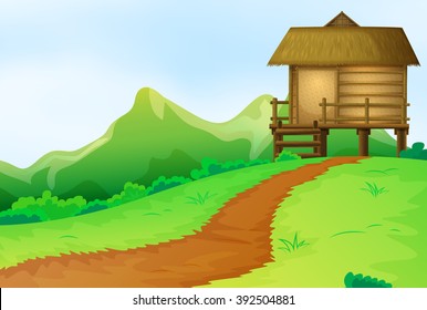 Nature scene with bungalow on the hill illustration