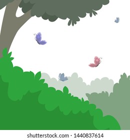 Nature scene with butterflies and fern. Vector nature background, flying butterflies