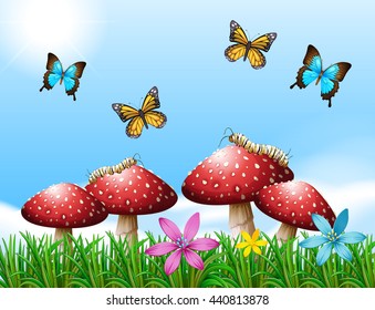 Nature scene with butterflies in garden illustration