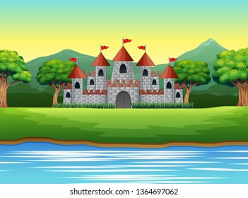 Nature scene with castle and a pond