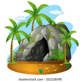 Nature scene with cave and coconut trees illustration