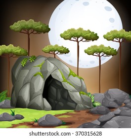 Nature scene of cave on fullmoon night illustration