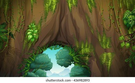 Nature scene with cave and trees illustration