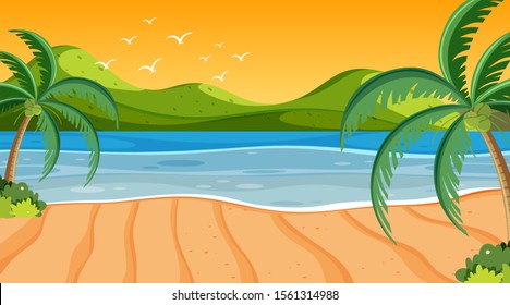 Nature scene with coconut trees on the beach illustration