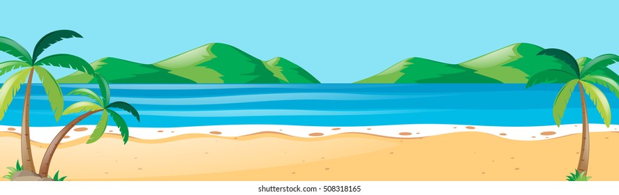 Nature scene with coconut trees on the beach illustration