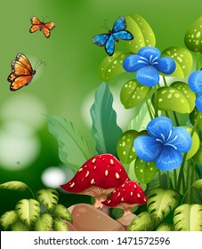 Nature scene with colorful butterflies and flowers illustration