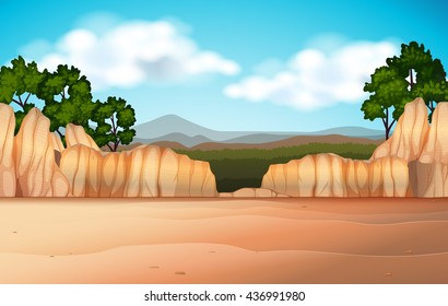 Nature scene with desert field and canyons illustration