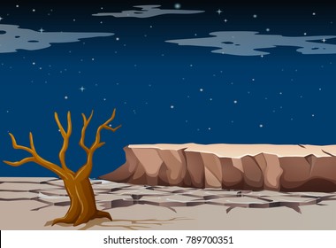 Nature scene with dry land at night time illustration