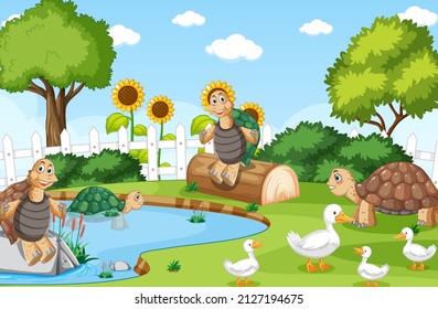 Nature scene with ducks and tortoises illustration
