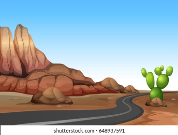 Nature scene with empty road in desert land illustration