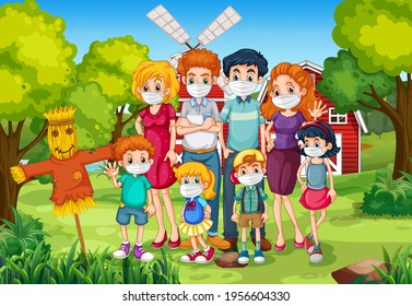 Nature scene with family wearing mask for prevent coronavirus illustration