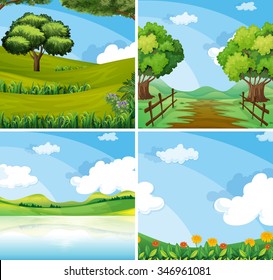 Nature scene with field and lake illustration