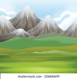 Nature scene of field and mountains illustration