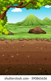 Nature scene with field and underground illustration