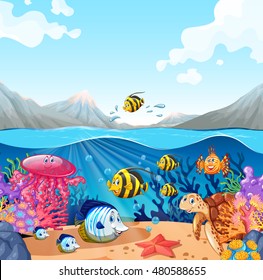 Nature scene with fish and turtle illustration