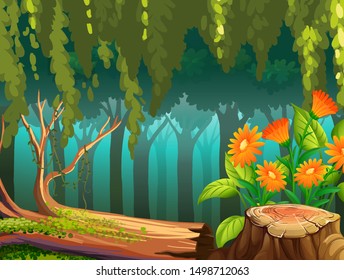 Nature scene with flowers in forest illustration