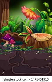 Nature scene with flowers and log illustration