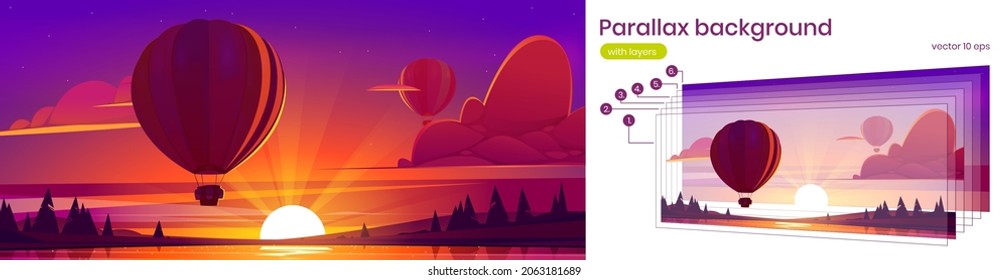 Nature scene with flying hot air balloon, lake and coniferous forest on coast at sunset. Vector parallax background for 2d animation with cartoon airship with basket fly over river at evening