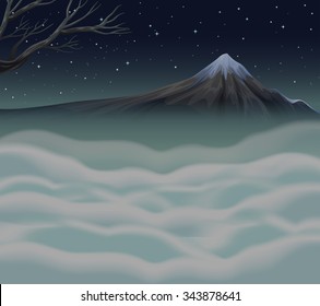 Nature scene with fog on the mountain peak illustration
