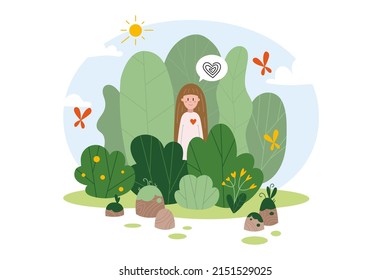 Nature Scene Forest And Trees With Girl, Cartoon Style. Mental Health, Wellness Concept. Trendy Modern Vector Illustration, Hand Drawn, Flat Design.