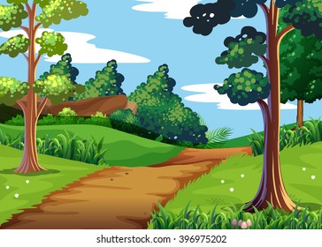 Nature scene with forest and walking trail illustration