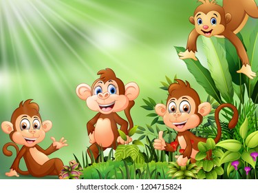 Nature scene with group of monkey cartoon