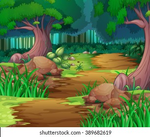 Nature scene with hiking track into the woods illustration