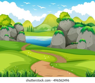 Nature scene with hiking track and lake illustration