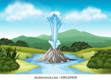 Nature scene with hot spring and field illustration