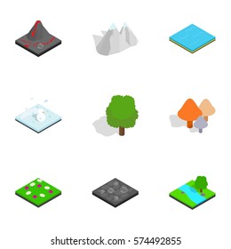 Nature scene icons set. Isometric 3d illustration of 9 nature scene vector icons for web