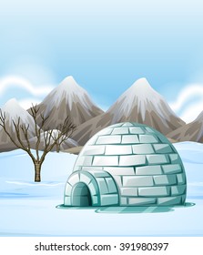 Nature scene with igloo on the ground illustration