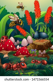 Nature scene with insects in garden illustration