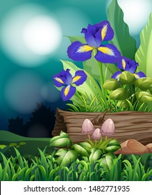 Nature scene with iris flowers and mushroom illustration