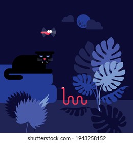 Nature scene in the jungle. A panther sits, a snake hisses and a dragonfly flies among the plants.