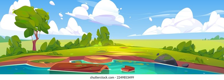 Nature scene with lake. Summer landscape with green trees, grass, bushes, pond and wooden log in water. Fields, river coast and clouds in sky, vector cartoon illustration