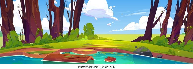 Escena natural con el lago. Paisaje veraniego con árboles verdes, hierba, arbustos, estanque y troncos de madera en el agua. Campos, costas fluviales y nubes en el cielo, ilustración vectorial de dibujos animados