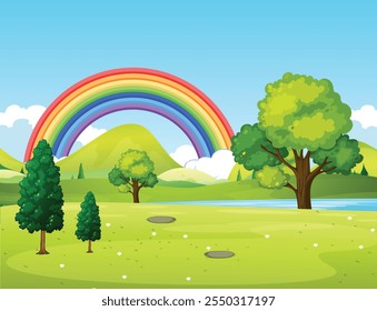 Nature scene and landscape. Countryside with forest view and rainbow in the sky at daytime vector illustration. Rainbow, tree, clouds, lake, blue sky