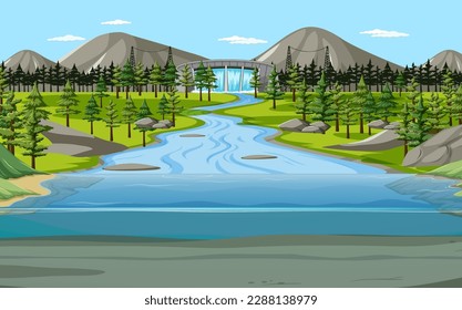 Nature scene landscape with dam and underwater illustration