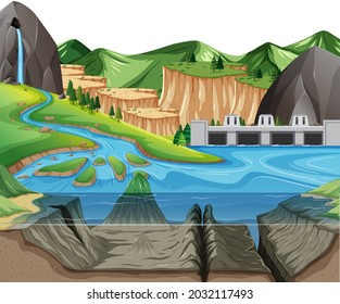 Nature scene landscape with underwater of lake and mountain background illustration