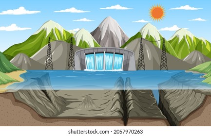 Nature scene landscape with underwater of lake and mountain background illustration