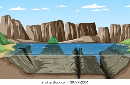 Nature scene landscape with underwater of lake illustration