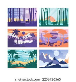 Nature Scene and Landscape View with Trees, Animals and Mountain Silhouette Vector Set