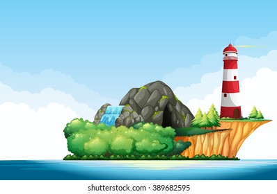 Nature scene with lighthouse and cave on the island illustration