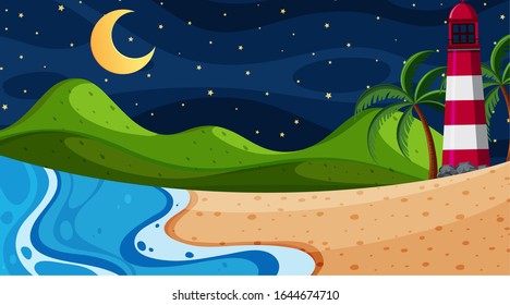 Nature scene with lighthouse on the beach illustration