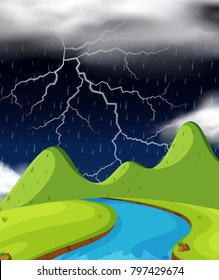 Nature scene with lightning and raining at night illustration